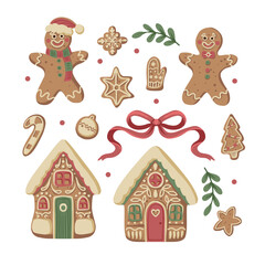Christmas gingerbread gingerman isolated cookies houses bow mitten snowflake star candy festive set