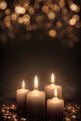 Burning memorial candles glowing in darkness with warm golden bokeh lights