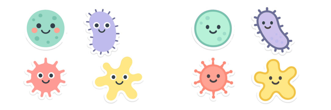Colorful cartoon germs and bacteria characters with smiling faces on a white background