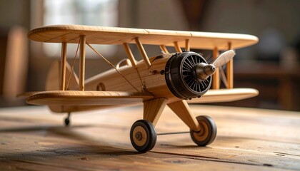 A handcrafted wooden biplane rests in stillness—light grain, smooth curves, and nostalgic form. A metaphor for suspended innocence and the choreography of remembered flight.