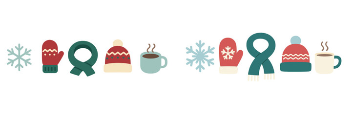 Colorful winter decorations with mittens, hats, and warm drinks for celebrating the cozy season