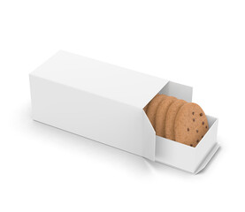 Blank 3D render illustration of a sliding cookie box packaging mockup with biscuits inside. The blank white cardboard pack features a pull-out tray design.