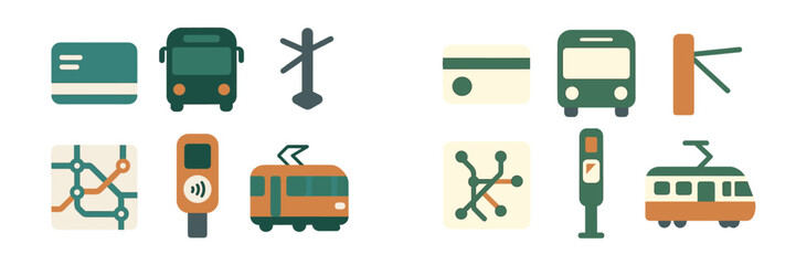 Transportation icons depicting public transit options and payment methods in a modern urban setting