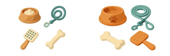 Colorful pet supplies set including toys, bowls, and leashes for dogs and cats displayed on a white background
