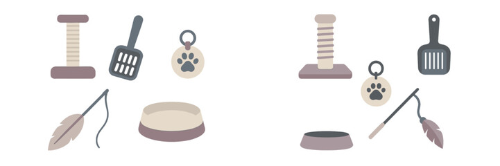Collection of pet supplies including scratching posts and feeding tools displayed on a clean white background