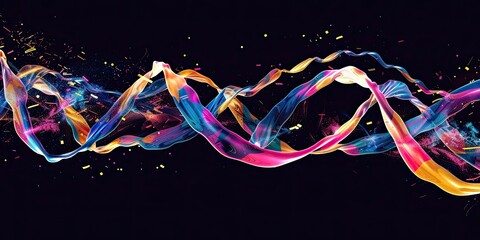 Vibrant, multicolored ribbons twist and intertwine against a dark background, scattered with flecks of color