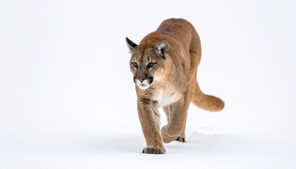 Obraz premium A cougar strides forward—tawny coat, focused gaze, muscular grace—against white void. A metaphor for silent power and the choreography of instinctive sovereignty.
