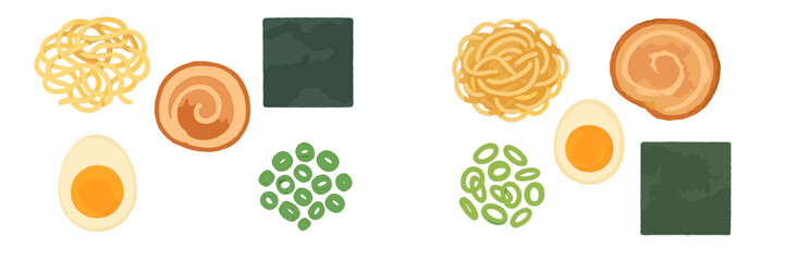 Different ingredients for ramen preparation showcasing noodles, egg, seaweed, and toppings at a Japanese kitchen