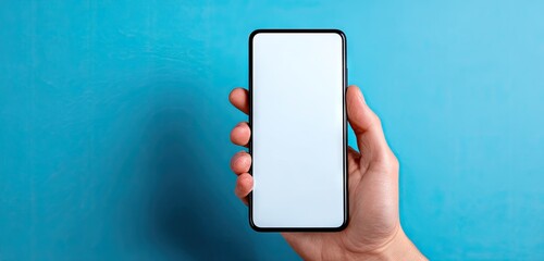 Hand holding smartphone with blank white screen on blue background.
