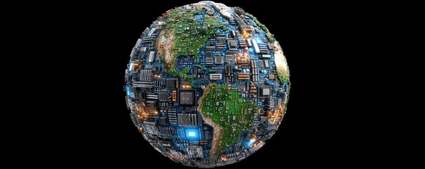 Electronic disposal concept. A digital representation of Earth, intricately designed with circuit patterns, symbolizing technology's integration with the planet.