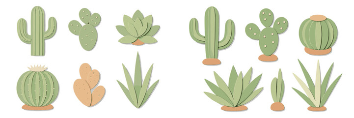 Colorful paper cacti and succulents arranged on a clean white background for decoration and design inspiration © Alan