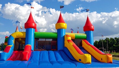 A colorful inflatable castle—red towers, blue slides, yellow accents—sits on grass beneath flags and sky. A metaphor for choreographed joy and the architecture of temporary wonder.