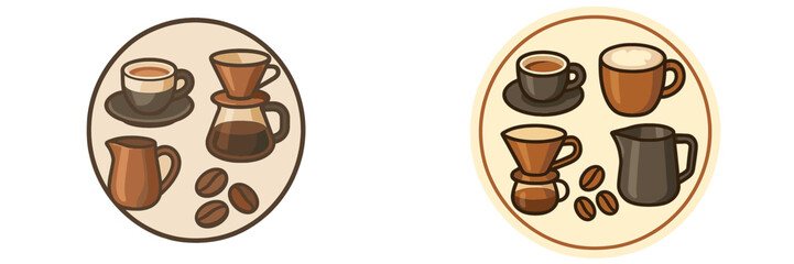 Coffee brewing setup with cups, coffee pots, and beans in cozy cafe setting