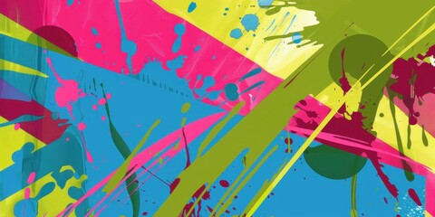Abstract colorful paint splatter with vibrant green, pink, blue, and yellow streaks