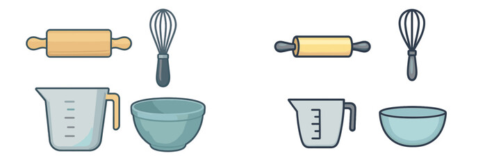 Mixing tools and kitchen utensils are neatly arranged for baking activities and cooking preparations