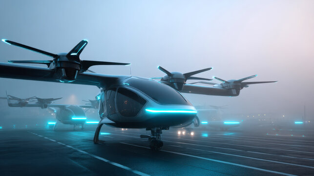 Futuristic electric vtol aircraft in foggy night setting with blue neon lights