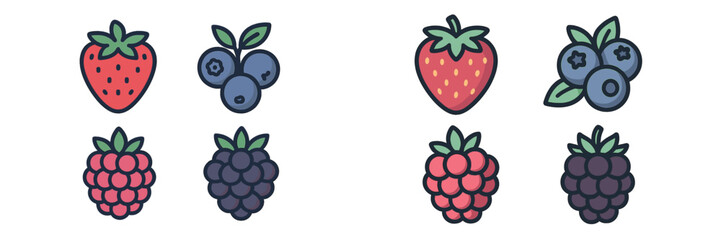 Colorful collection of illustrated berries featuring strawberries, blueberries, raspberries, and blackberries arranged in neat rows