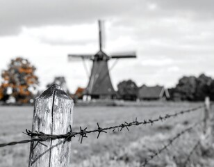 Rustic windmill scene, monochrome