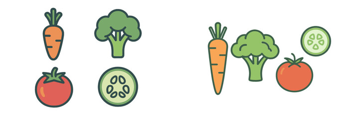 Colorful illustrations of fresh vegetables including carrots, broccoli, tomatoes, and cucumbers arranged on a white background