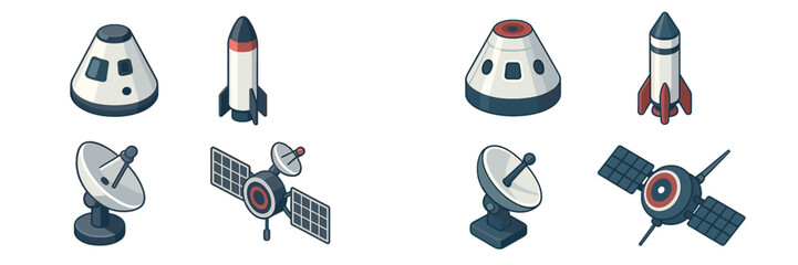 Various space technology designs including rockets, satellites, and spacecraft models in a modern style