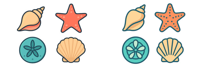 Assortment of conch, starfish, sand dollar, and scallop shells in a vibrant marine collection for summer and beach themes © Alan