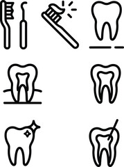 Dental Health Icon Set Featuring Toothbrush, Toothpick, and Sparkling Clean Tooth, Symbolizing Oral Hygiene and Professional Dental Care Practices for Healthy Smiles