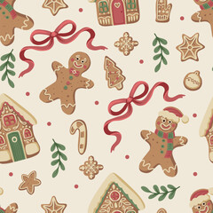 Christmas gingerbread gingerman bow seamless pattern with cookies stars hearts mittens holiday decoration