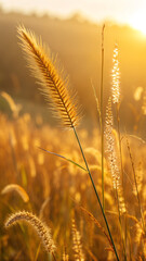 Sun-drenched golden grasses with single seedhead sharply in focus.