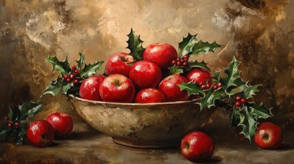 Beautiful still life featuring rustic bowl filled with vibrant red apples and holly leaves, evoking warm and festive atmosphere perfect for holiday season