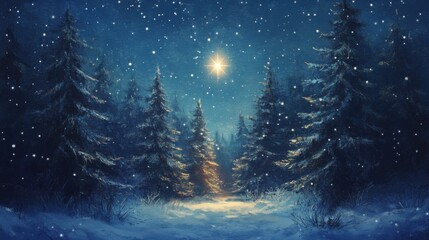 Serene winter landscape features snow covered pine trees under starry night sky, creating peaceful and magical atmosphere. bright star shines above, illuminating snowy path