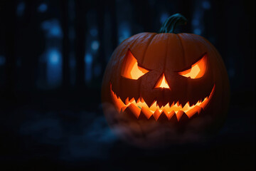 Fototapeta premium Scary Halloween pumpkin glowing in a dark spooky forest at night. Creepy Jack o' lantern with an evil face and fog. Concept of horror, fear and October holiday.