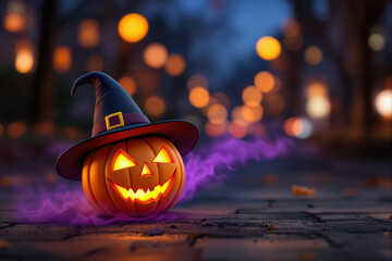 Halloween pumpkin with a witch hat on a street at night. Glowing Jack o' lantern with purple smoke and bokeh lights. Concept of Halloween, magic, and spooky celebration.