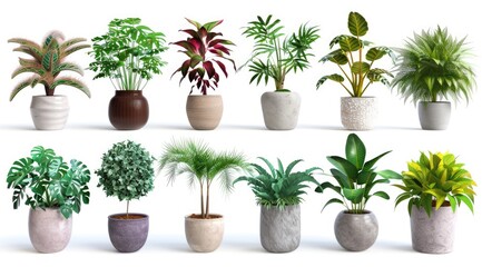Set of potted plants in different sizes and types isolated on white background, minimalistic style, flat lay composition, high resolution photography