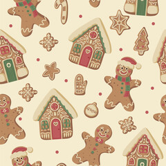 Fototapeta premium Christmas gingerbread gingerman seamless pattern with houses cookies snowflakes mittens stars festive holiday