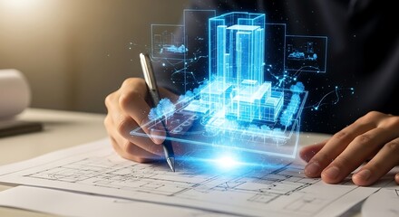 Architect at a minimalist desk sketching a blueprint with a futuristic holographic building model
