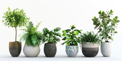 Set of potted plants in different sizes and types isolated on white background, minimalistic style, flat lay composition, high resolution photography