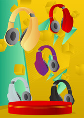 Mockup product display with Headset. Vector cylinder pedestal podium. Stage showcase for presentation. Minimal geometric forms.