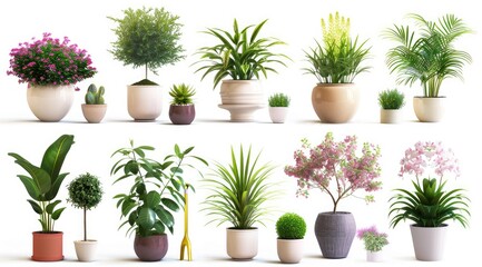 Set of potted plants in different sizes and types isolated on white background, minimalistic style, flat lay composition, high resolution photography
