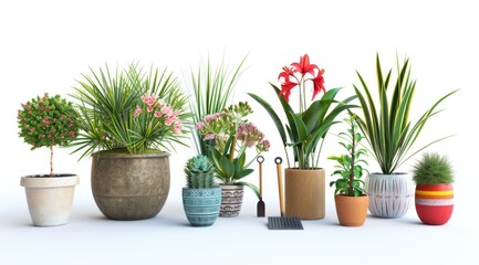 Set of potted plants in different sizes and types isolated on white background, minimalistic style, flat lay composition, high resolution photography