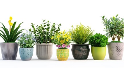 Set of potted plants in different sizes and types isolated on white background, minimalistic style, flat lay composition, high resolution photography