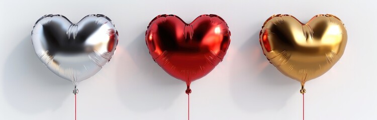 Set of realistic heart shaped balloons in red, gold and silver colors on white background, 3d rendering Valentine's Day concept. , ultra-realistic, hyper-detailed
