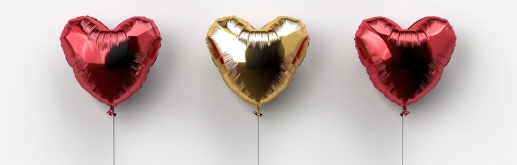 Set of realistic heart shaped balloons in red, gold and silver colors on white background, 3d rendering Valentine's Day concept. , ultra-realistic, hyper-detailed
