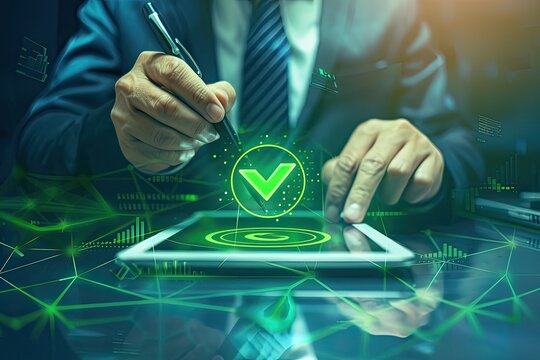 A businessman uses a stylus on a tablet displaying a green checkmark surrounded by a digital network, signifying approval or completion of a task