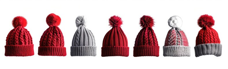 Set of red and grey knitted hat with pom-pom isolated on white background, 3d rendering , studio lighting, high resolution photography, insanely detailed