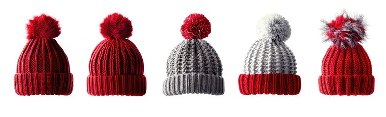 Set of red and grey knitted hat with pom-pom isolated on white background, 3d rendering , studio lighting, high resolution photography, insanely detailed