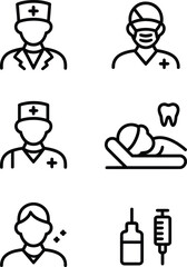 Medical Workers, Patient, and Equipment Outline Pictograms Illustration Depicting Medical Personnel, Patient Care, Dental, and Immunization for Health and Well Being