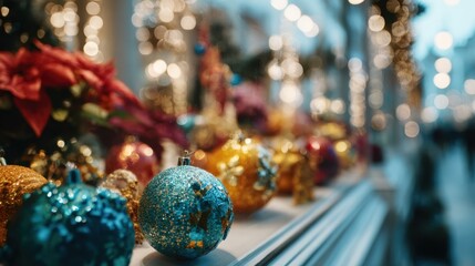 Medium shot of a festive window display featuring vibrant holiday decorations with glittering lights and ornaments sharply focused against a softly blurred background