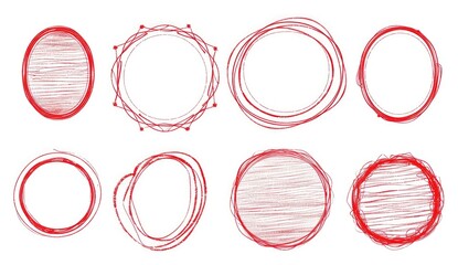 set of red hand drawn doodle circle and oval frame, vector illustration isolated on white background, simple design, flat color, solid outline stroke