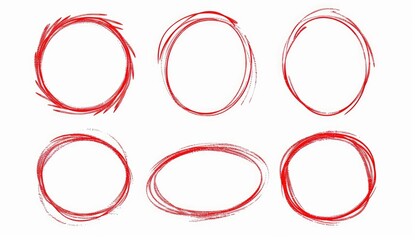 set of red hand drawn doodle circle and oval frame, vector illustration isolated on white background, simple design, flat color, solid outline stroke