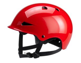  Angled Side View of Glossy Red Sports Helmet with Chin Strap, Transparent Background